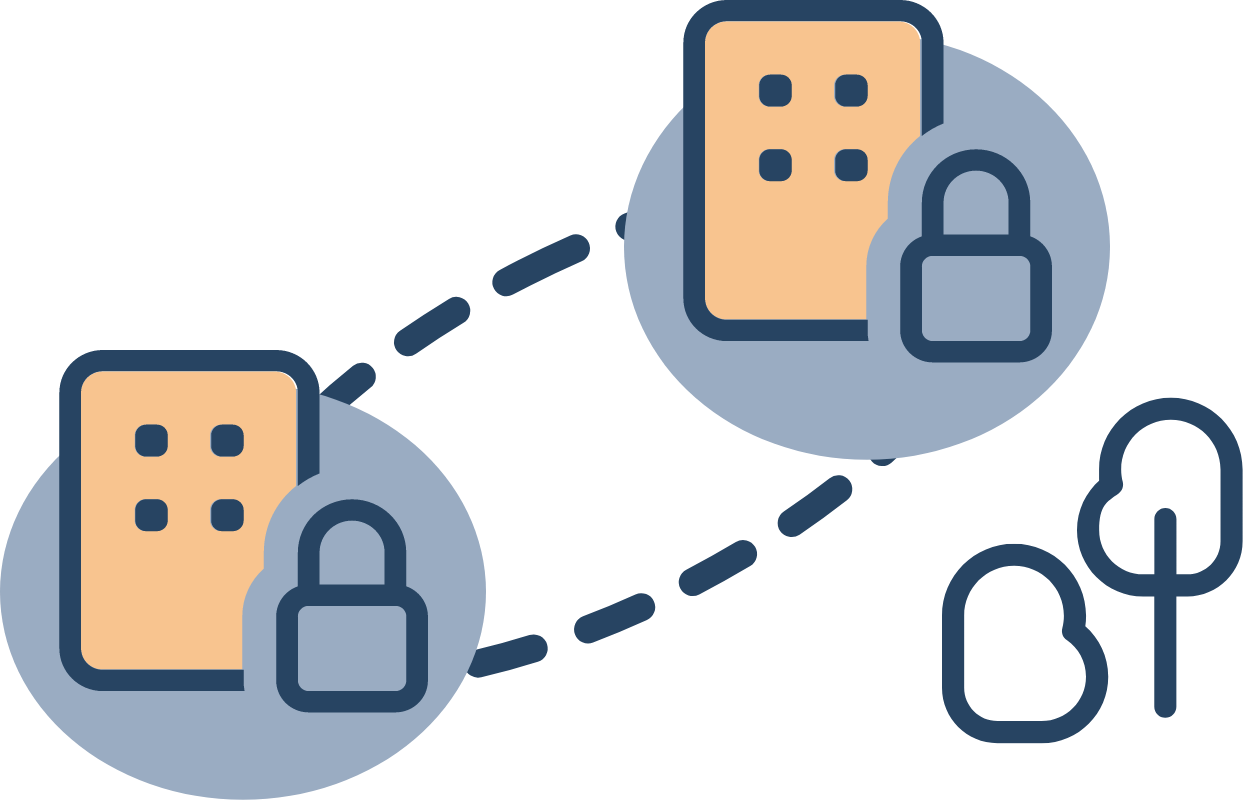 Zwei miteinander verbundene Gebäude mit Sicherheitsschlössern, symbolisieren Datenschutz und Datensicherheit in einer digitalen Umgebung, umgeben von stilisierten Bäumen.